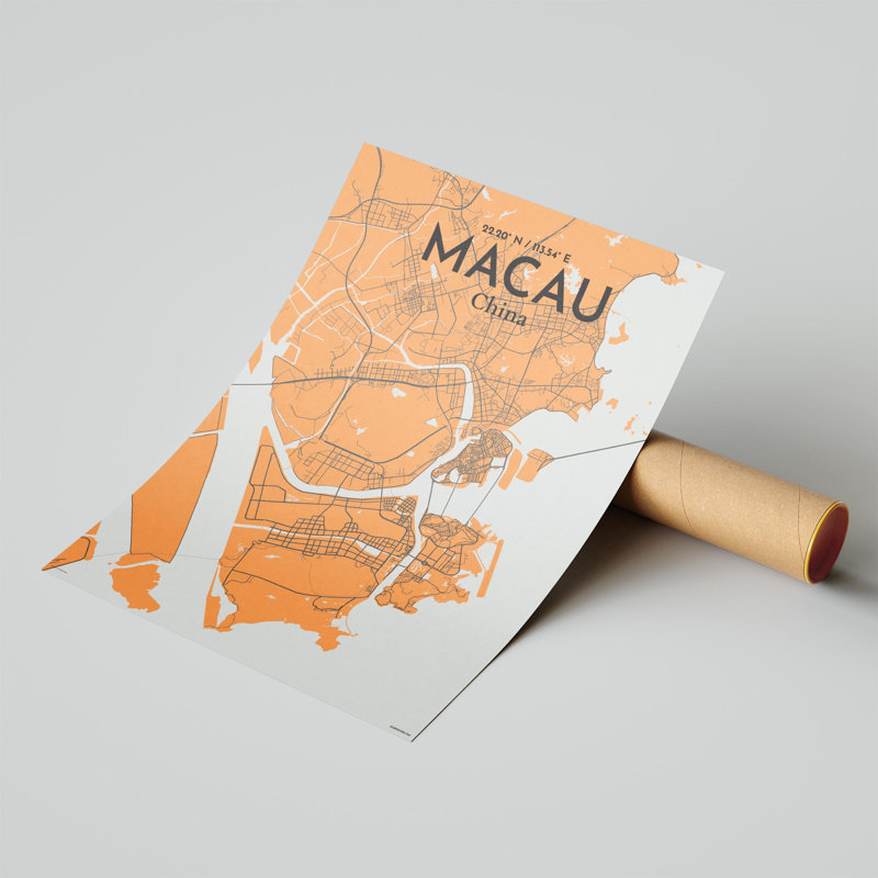 Macau, carte de la ville, impression, H 24 po x l 18 po, Orange / gris