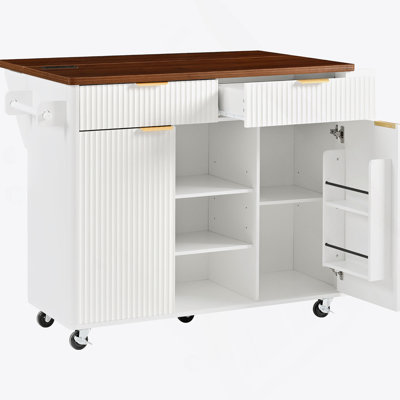 52" Fluted Kitchen Island With Drop Leaf, Power Outlet,  Kitchen Storage Cart With Adjustable Shelves, 2 Doors And 2 Drawers, Rolling Island Table With Walnut Color Top For Kitchen, White