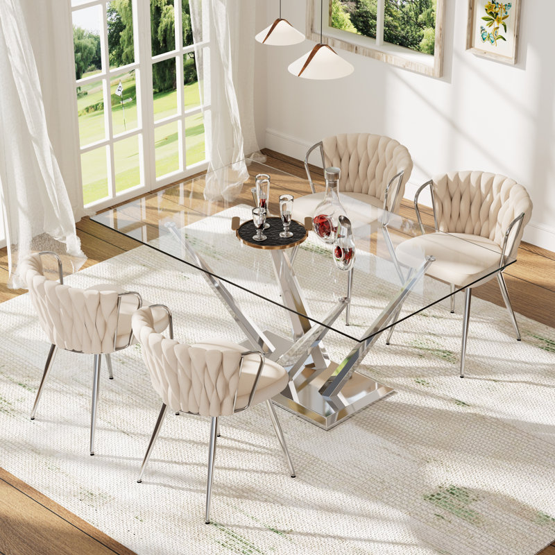 Ensemble de table de salle à manger Modern, 5 pièces: table, 4 chaises, Argent argent, Beige/Argenté