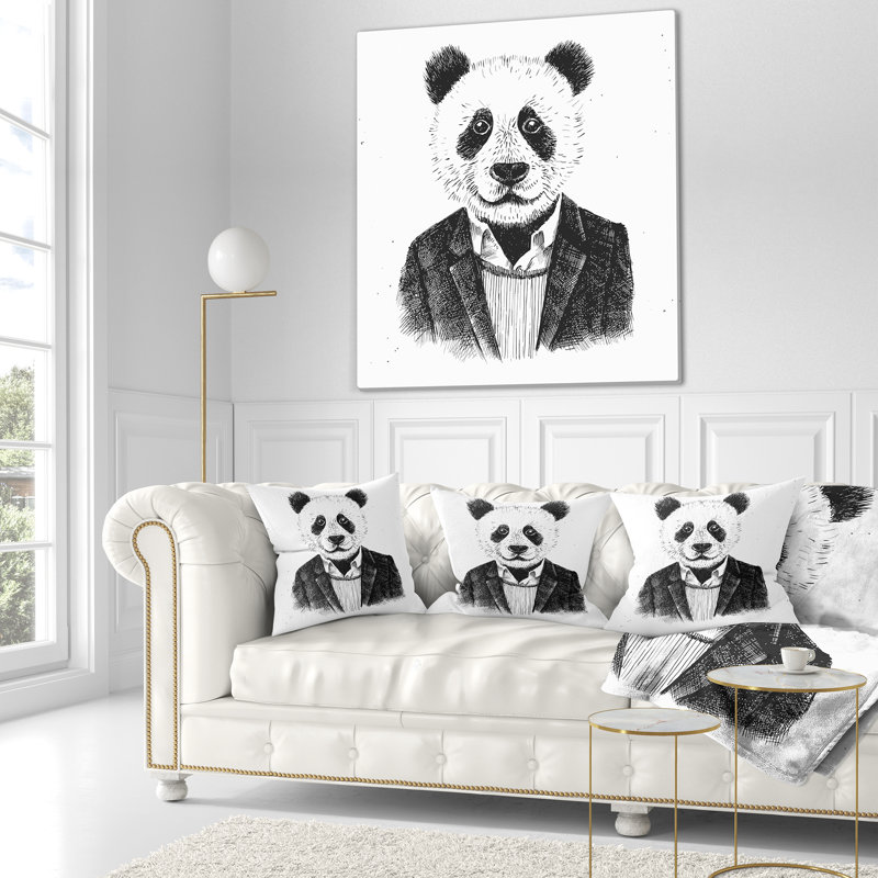 Drôle de panda hipster noir et blanc - coussin imprimé animal, 18 po x 18 po, Coussin décoratif