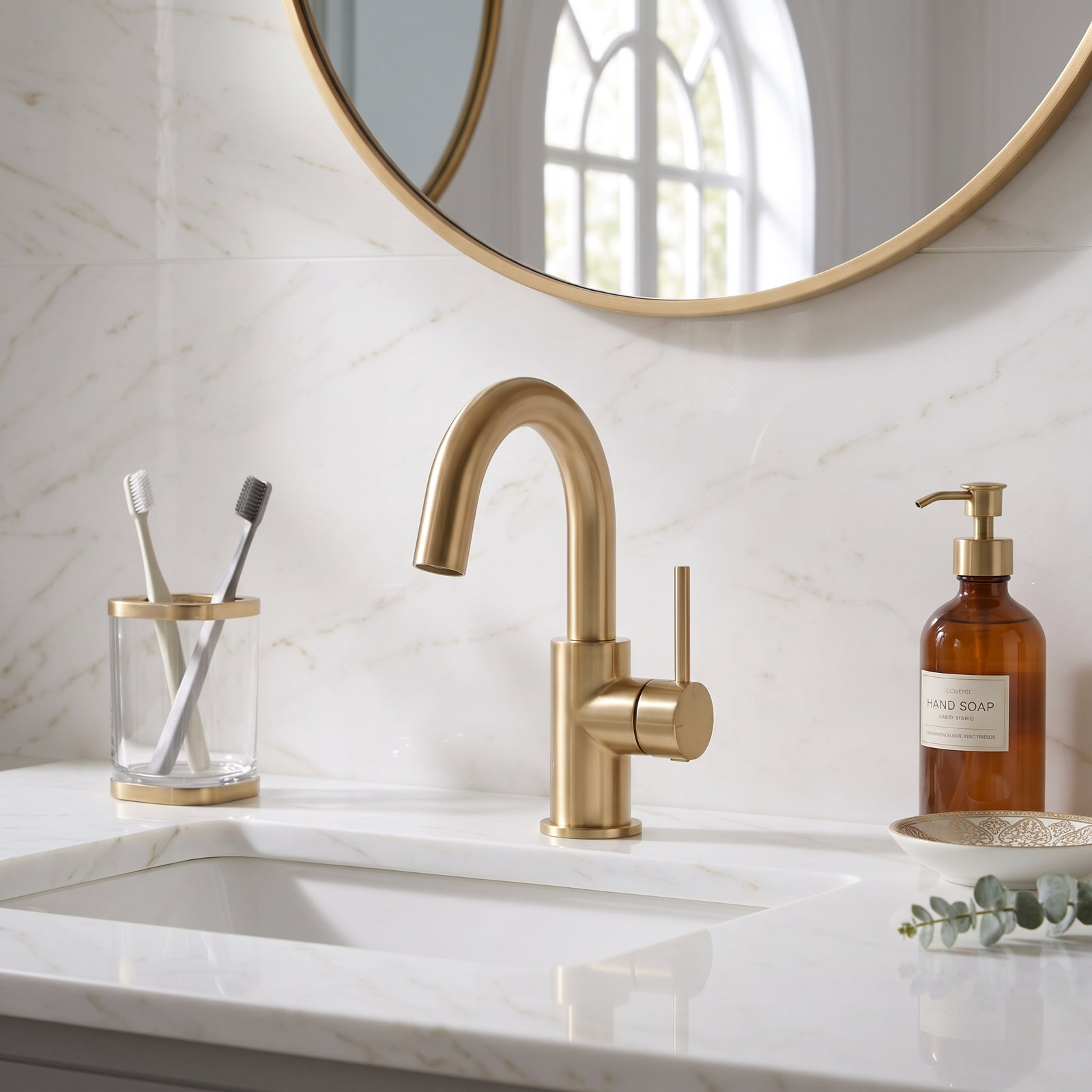 Circular Single-Hole Bathroom Faucet with Drain, Brushed Brass