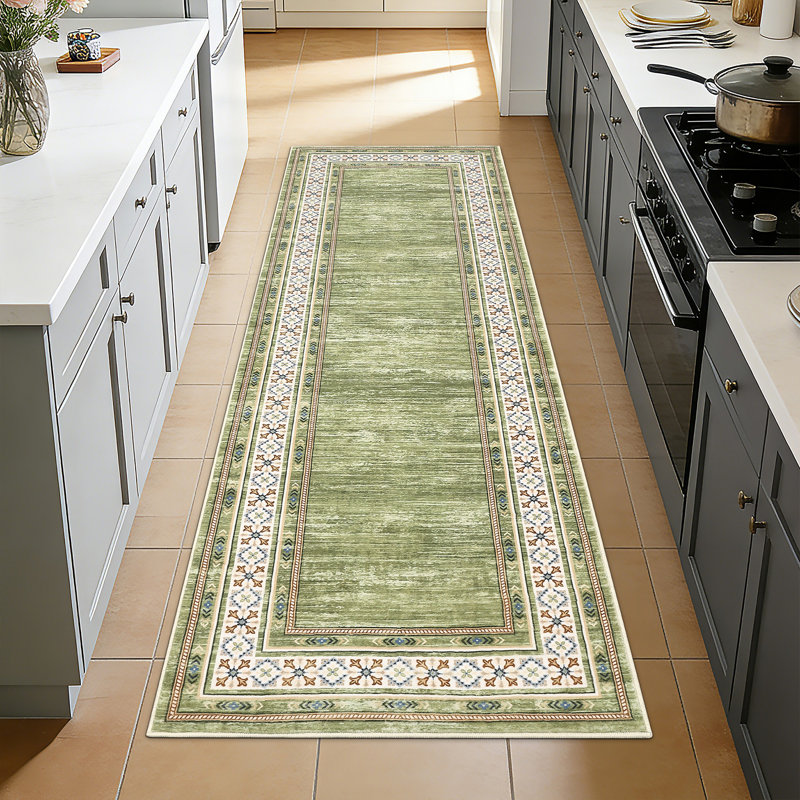 Tapis moderne lavable à la machine avec envers en caoutchouc, Vert, 2 x 6 pi