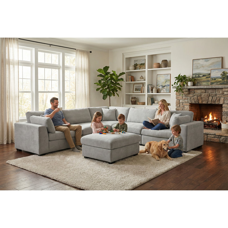 Oversized Upholstered Sectional Sofa, Modular Cloud Sectional Couch With Ottoman, Light Gray