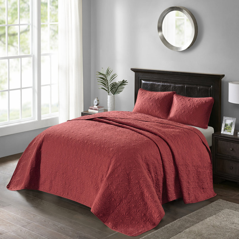 Couvre-lit réversible en grand rouge - Matelassage en coton prélavé matelassé sérénité surdimensionné pour un ajustement optimal et 2 taies décoratives lavables à la machine
