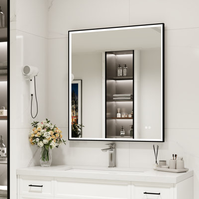 24/30/36/48 Inch Led Bathroom Mirror Gold/Black/Gray Framed Vanity Mirror Wall Mounted Lighted Mirror Anti-Fog Dimmable 3 Colors Frontlit (Horizontal/Vertical)