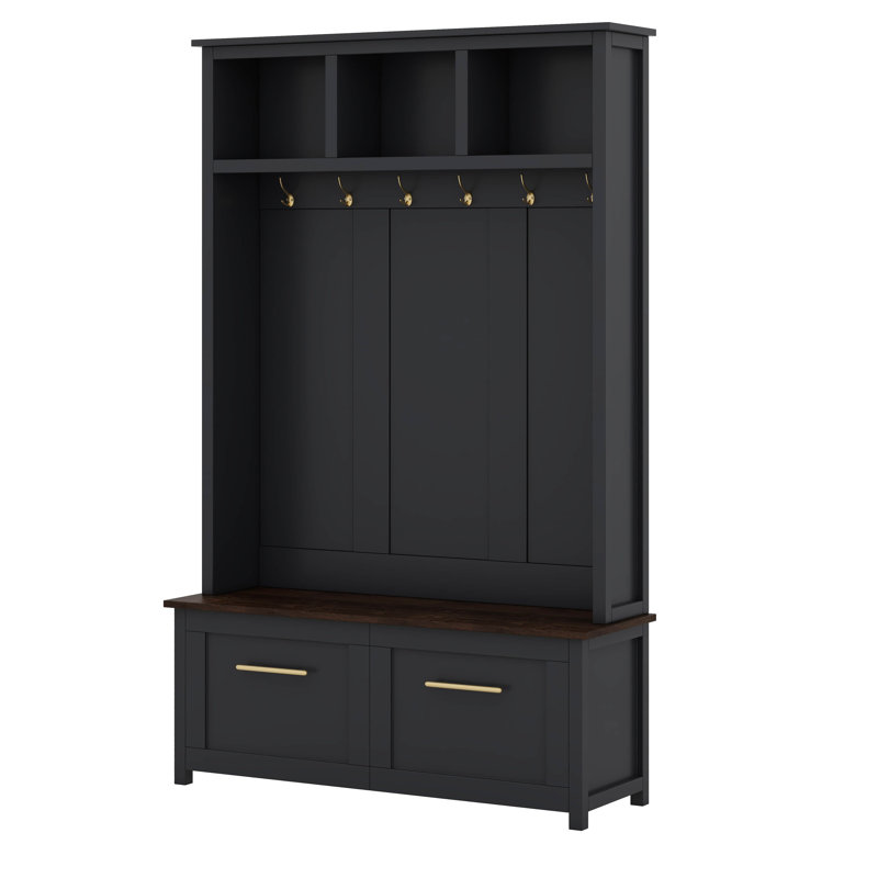 4-In-1 Hall Tree With 6 Golden Hooks, Wood Grain Bench With Multiple Storage Space, Entryway Coat Rack With 2 Drawers, Black