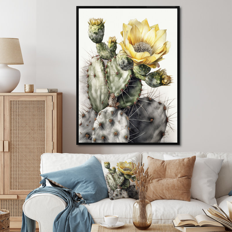 «Ryniah Yellow Green Cactus Flower II», reproduction sur toile, H 32 po x l 24 po x P 1 po, Cadre flottant noir