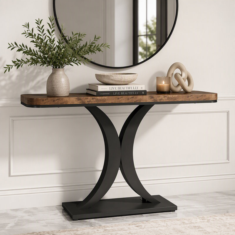 Console 40 po, table de vestibule étroite avec base géométrique, Brun