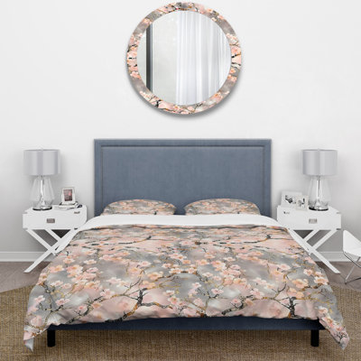 Pink Grey Floral Farmhouse Cherry Blossom - Floral Farmhouse Duvet Cover Set