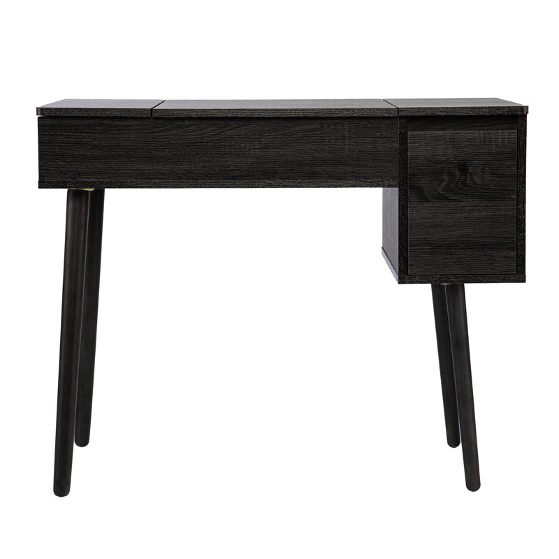 Meuble-lavabo noir avec miroir rabattable - compartiment caché spacieux et tiroir profond pour accessoires de maquillage