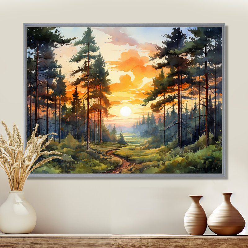 «Pine Tree Sunset Glow I», art encadré pin, H 30 po x l 40 po x P 1,5 po, Encadrement argenté