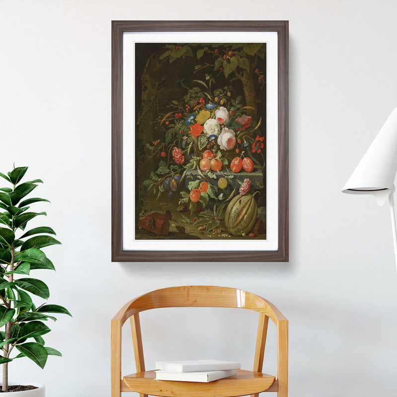Still Life with Flowers and Fruit Vol.2 by Abraham Mignon - Picture Frame Painting, 36cm H x 27cm W x 2cm D, Walnut