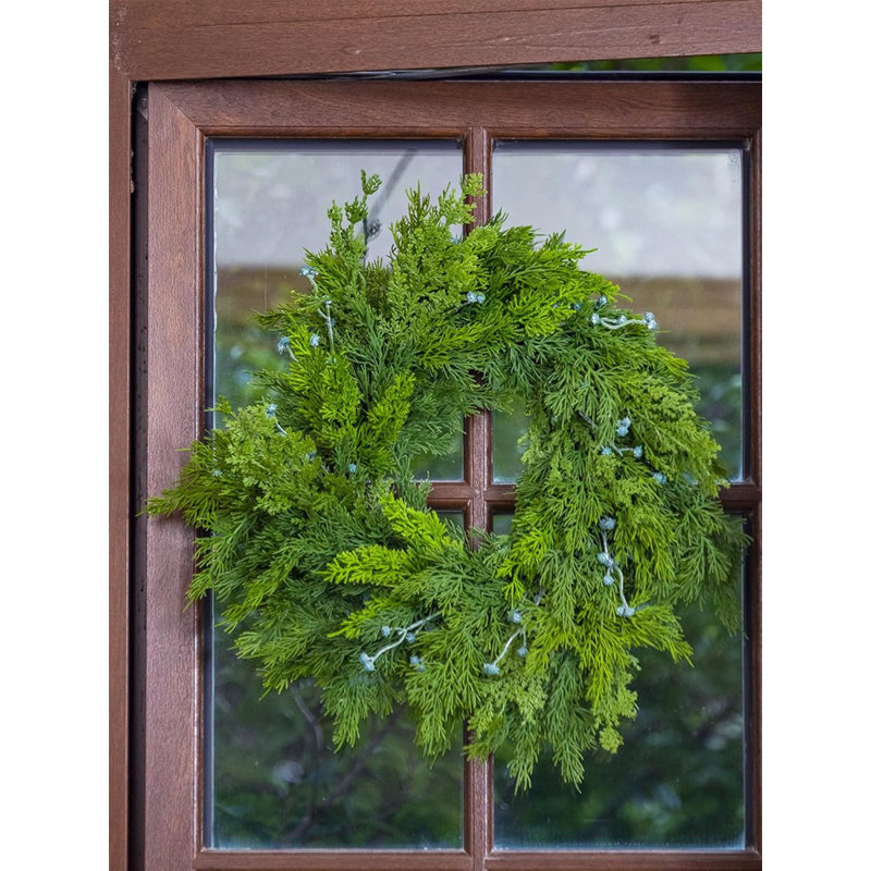 Couronne de Noël en cèdre et bleuet - bleu / vert - Décoration de Noël intérieure / extérieure pour porte d'entrée, fenêtre, manteau de cheminée, porche ou mur