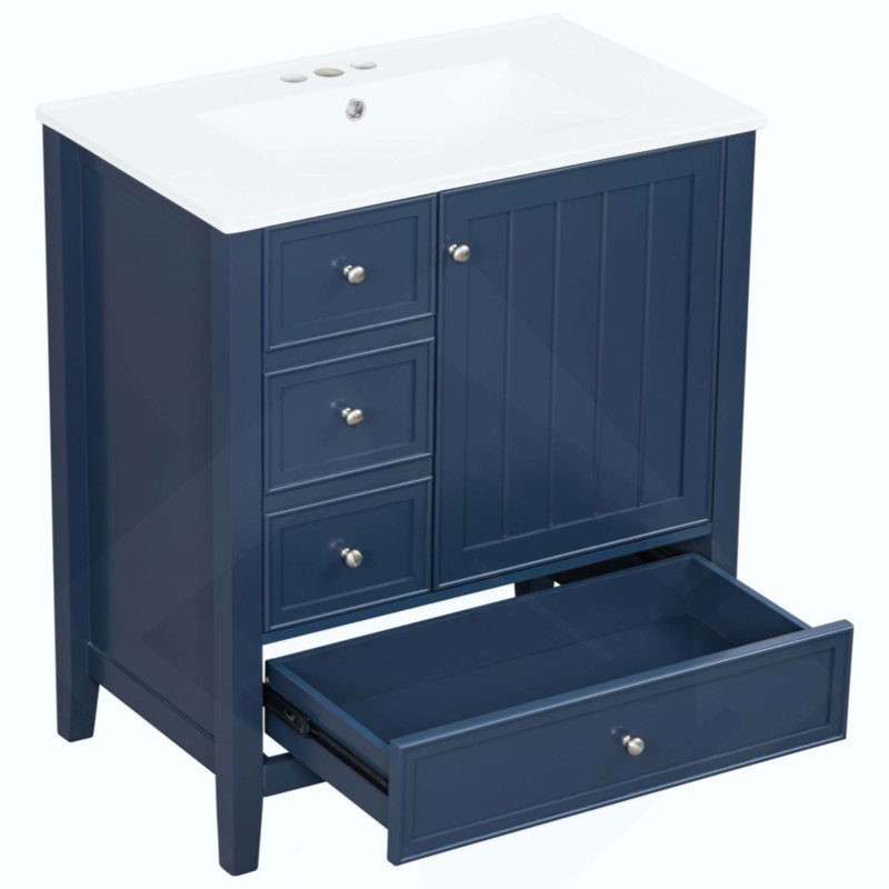 Meuble-lavabo de salle de bain avec lavabo, une armoire et trois tiroirs, bois massif et panneau de fibres à densité moyenne