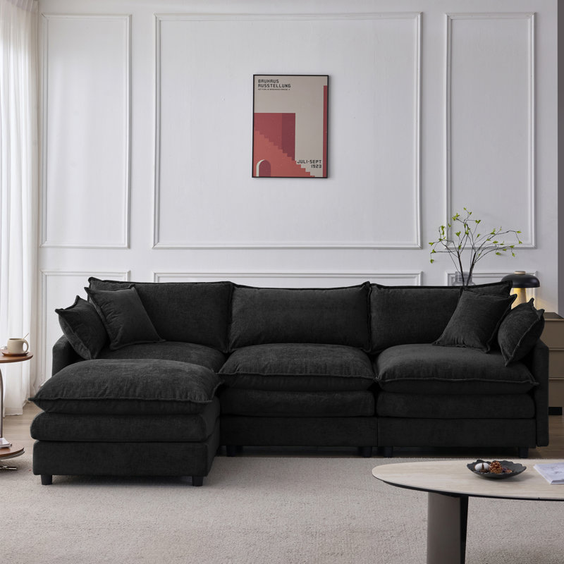 Canapé modulaire 105 po, canapé 3 places avec repose-pieds en tissu chenille rembourré 105 po, Noir