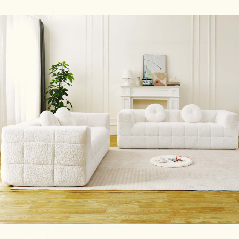 Canapé moderne sans os avec deux coussins décoratifs circulaires, tissu en polyester à poils longs texturé litchi doux pour la peau, canapé en mousse à carreaux