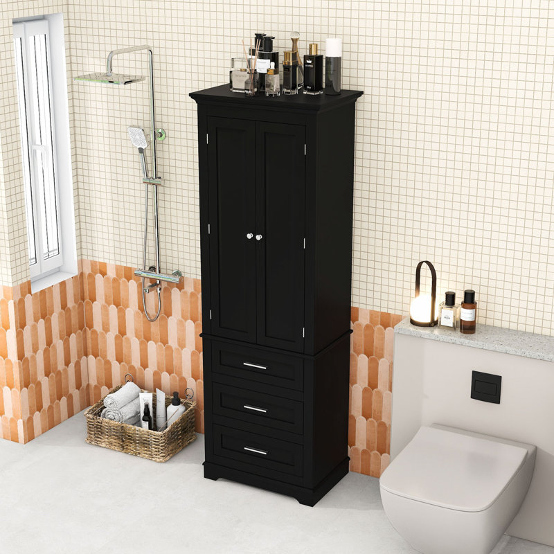 Wood Bathroom Cabinet with Three Drawers, Black