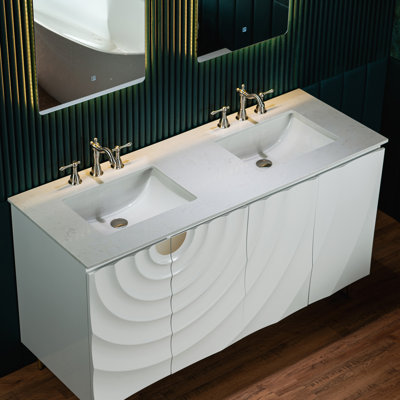 Eden 60"X22" Bathroom Vanity in White with Double Ceramic Undermount Sinks, White Engineered Stone Vanity Top– 3D Wave Pattern Doors, Sleek Thin-Leg Frame, Space-Saving for Modern Living