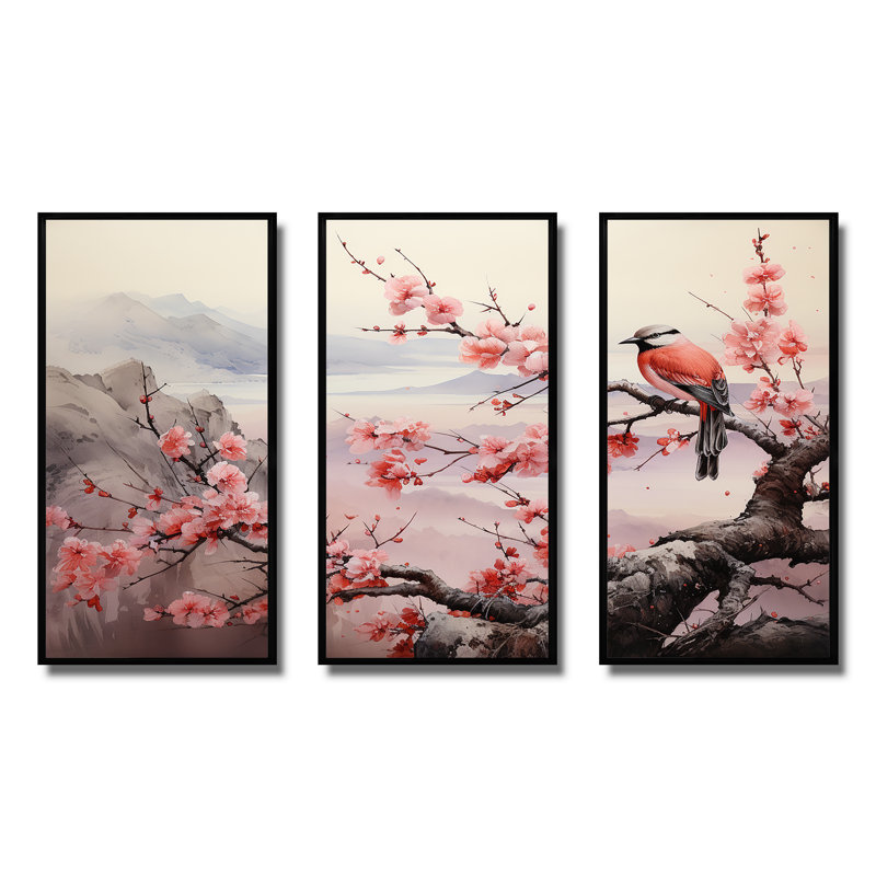Oiseaux roses et bleus sur un arbre en fleurs de cerisier I - oiseau, art mural, Cadre flottant noir, H 40 po x l 61 po