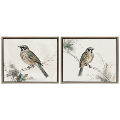 Ensemble de 2 toiles flottantes encadrées avec oiseaux perchés, illustrations par LSR Creative Studio