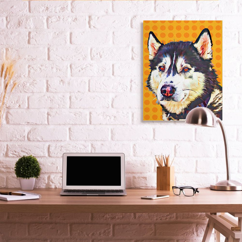 «Pop Art Husky Dog Over Orange Pois» par Kim Curationa, impression sur bois, Toile tendue, H 40 po x l 30 po x 1,5 po