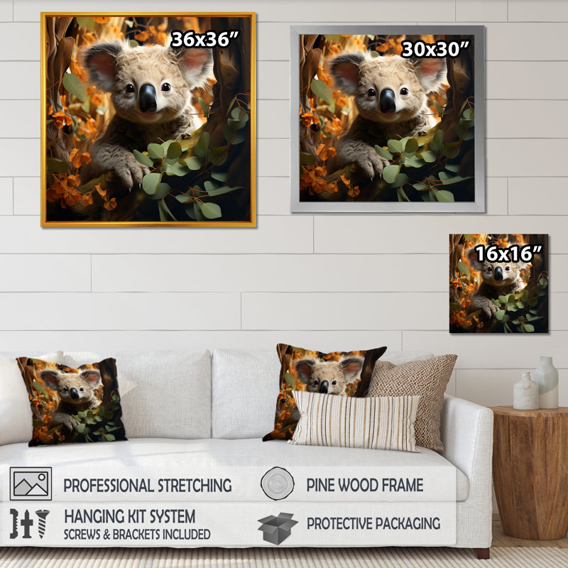 Mignon koala en Australie II - Koala, art mural animal, Cadre flottant doré, H 16 po x l 16 po x P 1 po