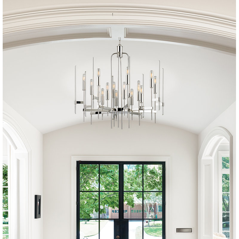Polished Nickel 16-Light Crystal Chandelier with Glass Shades