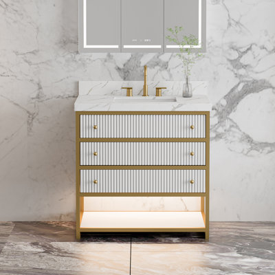 36" White Freestanding Bathroom Vanity With LED Light, Cultured Marble Top, Fluted Drawers & Gold Hardware