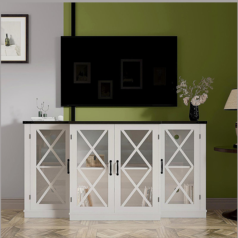 Meuble télé Farmhouse avec rangement, meuble télé 63 po, console média en bois avec tablettes réglables en hauteur