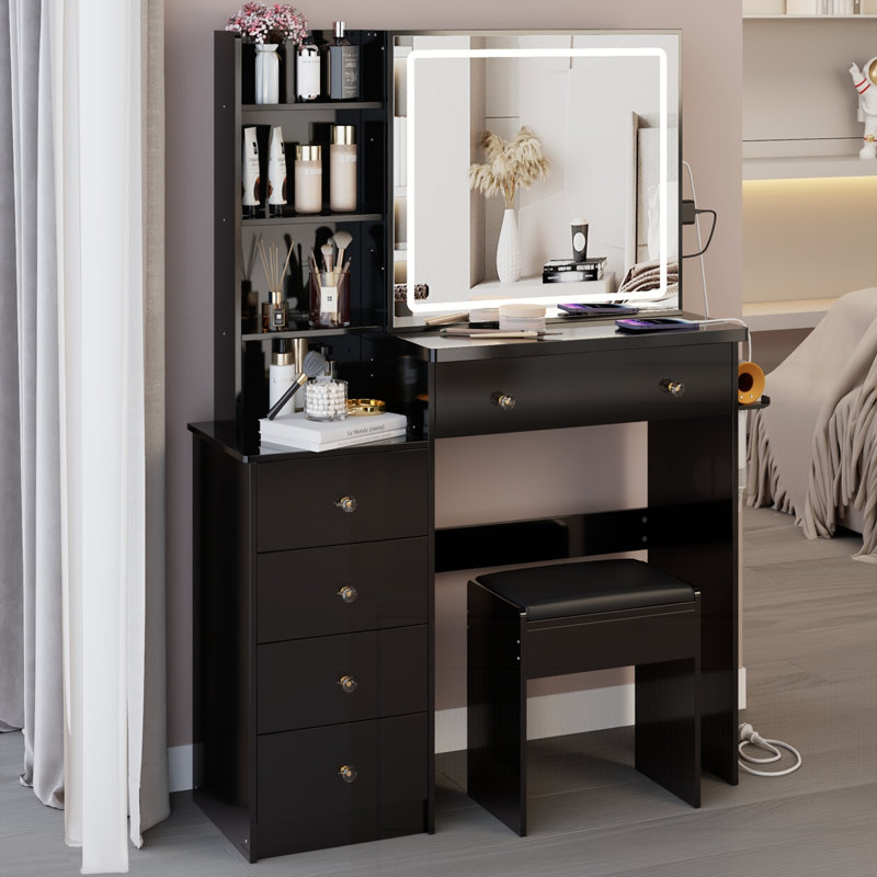 Ensemble de meuble-lavabo de 37 po avec commode de chevet gauche de taille moyenne et tabouret coussiné