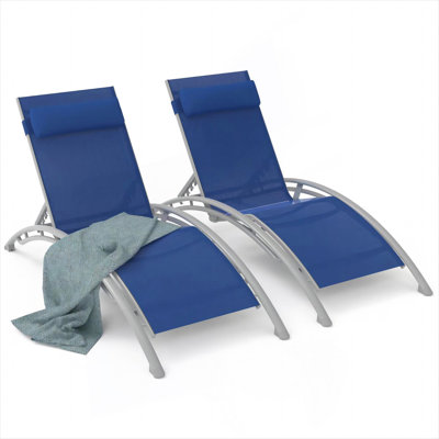 Outdoor Chaise Lounge Set Of 2 Patio Recliner Chairs With Adjustable Backrest And Removable Pillow For Indoor&Outdoor Beach Pool Sunbathing Lawn (Blue,2 Lounge Chair)