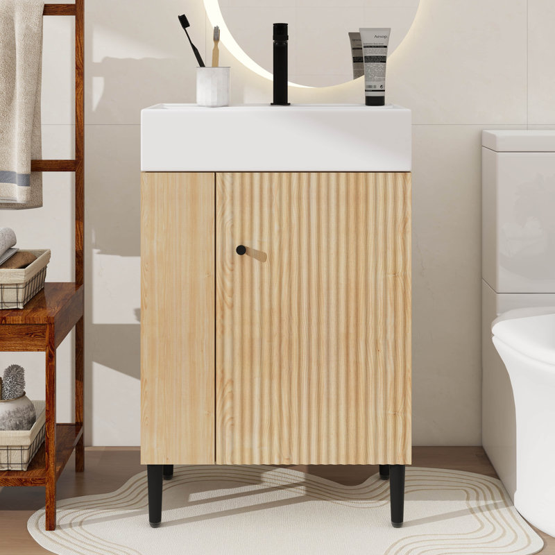 Ensemble de meuble-lavabo sur pied autoportant 21,6 pouces avec pieds en métal et rangement à gauche, Bois, Noir