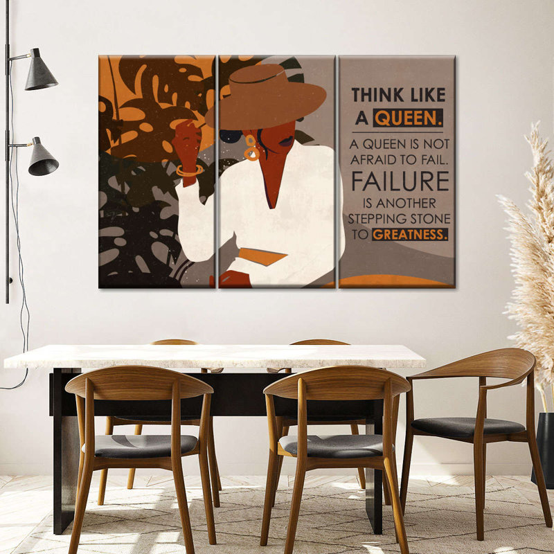 «Women Empowerment Think Like A Queen Quote», reproduction sur toile 3 pièces par Jennifer T, H 24 po x l 38 po x P 1,25 po