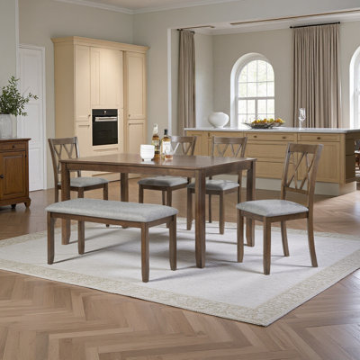 Ensemble de table de salle à manger 6 pièces en bois avec 4 chaises et un banc, ensemble de table de cuisine rectangulaire pour 6 personnes
