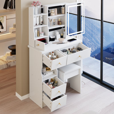 Small - Sized 29.2" Left Drawer Vanity Table And Cushioned Stool, 2 Ac+2 Sockets, Hair Dryer Holder, Large Sliding Touch Controlled Led Mirror With Three Color Switch Brightness Adjust, Suitable For