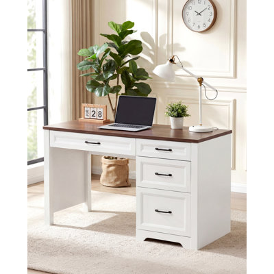 Bureau de direction Farmhouse avec classeur, plateau en bois blanc, tiroirs de rangement, bureau à domicile compact