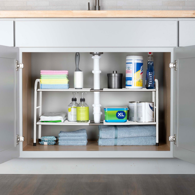 White Adjustable 2-Tier Under Sink Organizer with Removable Panels