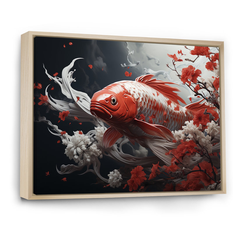 " Red And Grey Kois Fish Swimming With Serenity IV ", Natural Floater Framed, 30" H x 40" W x 1.5" D