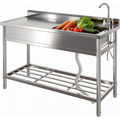 Stainless Steel Utility Sink, 47 in Free Standing Single Bowl Commercial Sinks with Faucet, Cold/Hot Water Pipe & Shelf for Kitchen, Restaurant, Laundry, Garage & Workshop, Heavy-Duty