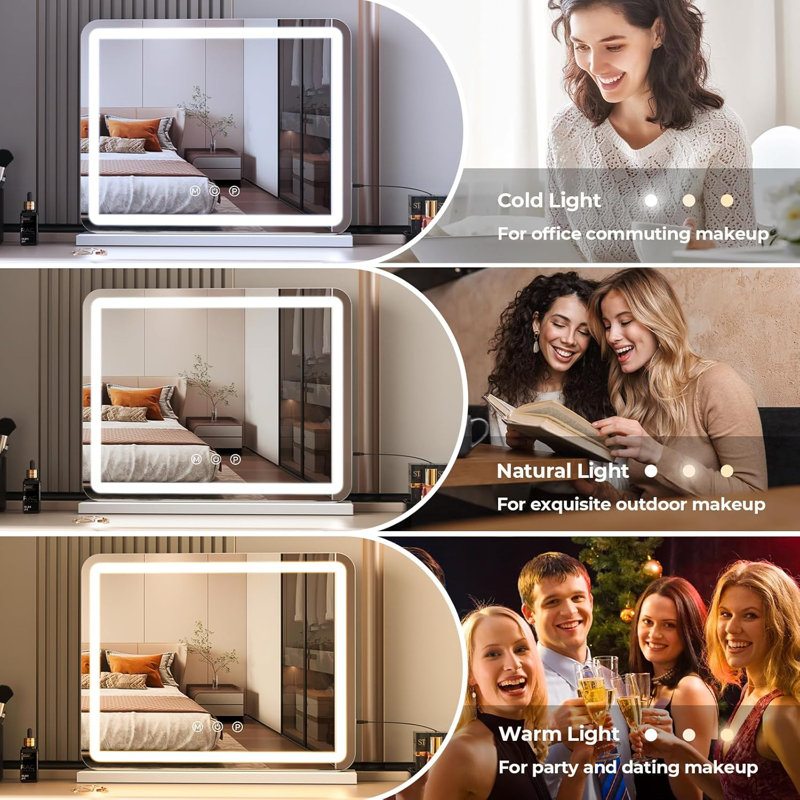 Miroir de salle de bain avec lumières, grand miroir de maquillage de 23 pouces avec lumières DEL, lumière 3 couleurs à intensité variable Smart Touch, fonction de mémoire, port de chargement USB et loupe