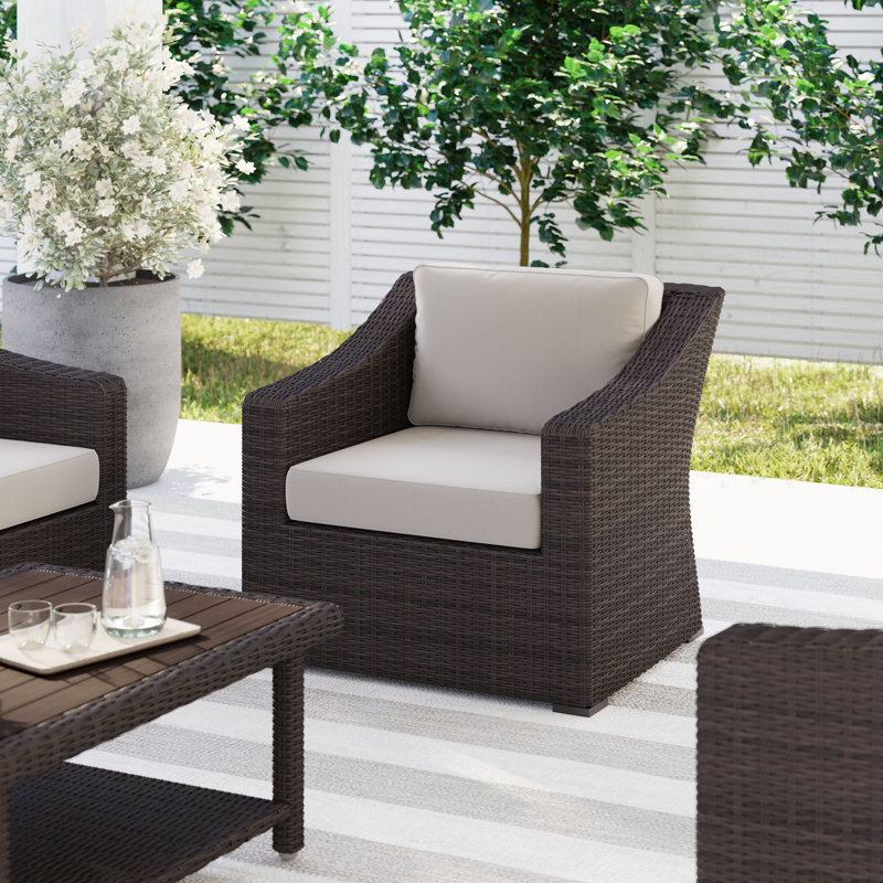 Martha Stewart Bedford Outdoor Rattan Wicker Accent Chair With All-Weather Cushions, Brown, Tan