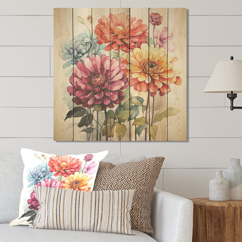 Illustration simple du bouquet Zinnia I - Zinnias sur bois, H 15 po x l 15 po