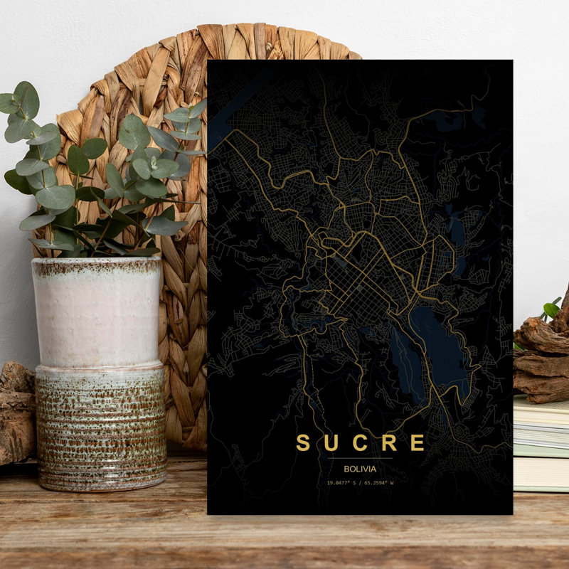 Sucre Bolivia Map Geometric Minimalist Modern City Wall Art Print 1 Piece Wrapped Canvas Wall Art, 45.72cm H x 30.48cm W