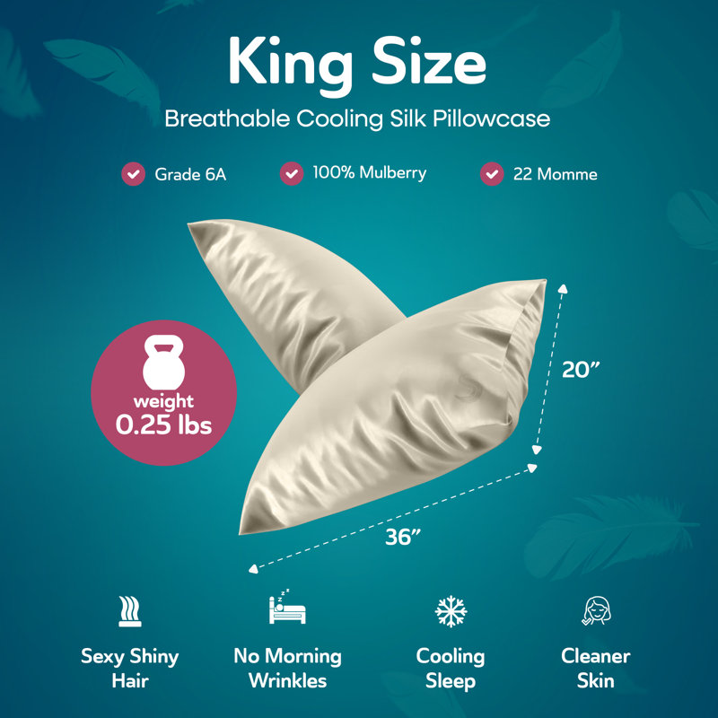 Sleepgram Regular Breathable Cooling Grade 6A Silk Pillowcase, White, King
