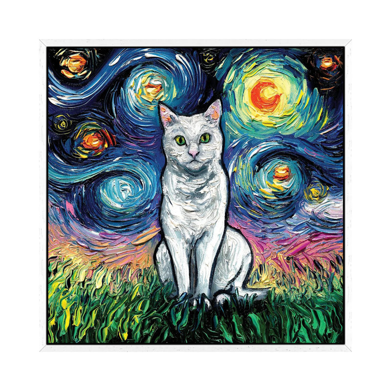 White Cat Night by Aja Trier - Print on Canvas, White Framed, 45.72 cm H x 45.72 cm W