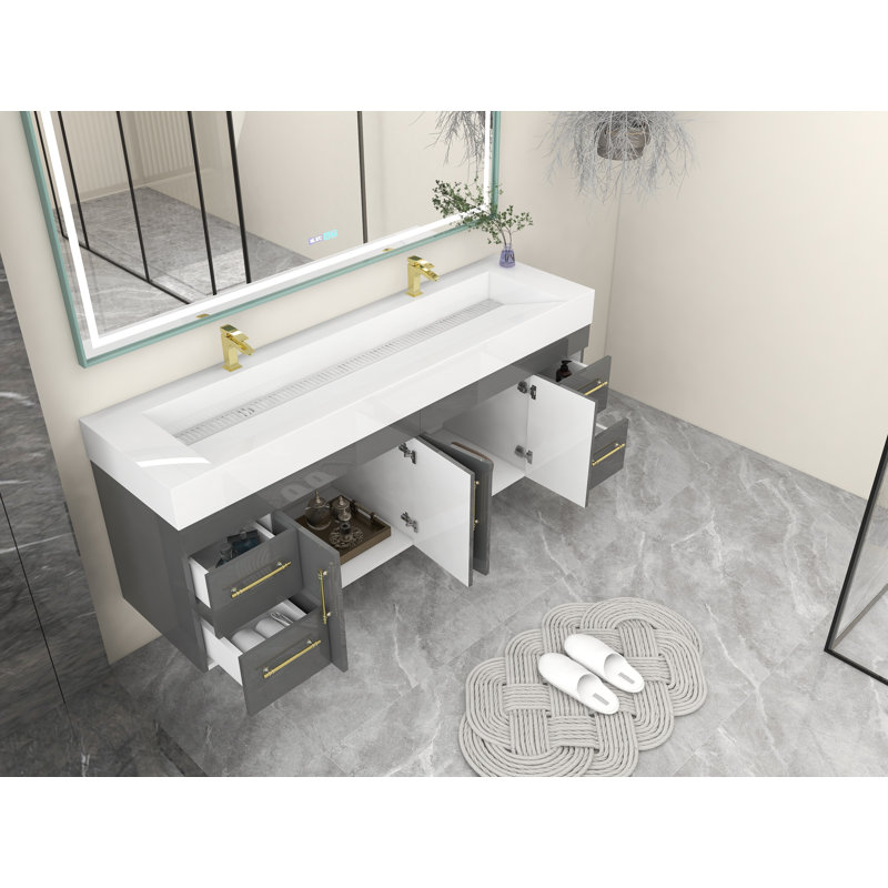 72" Double Sink Bathroom Vanity Set, High Gloss Grey
