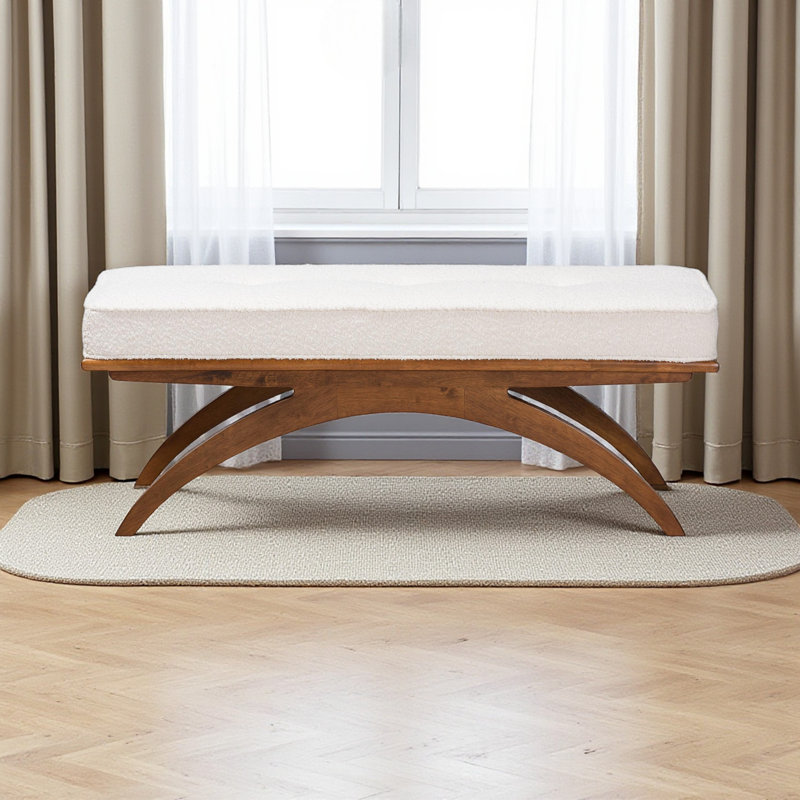 Bryce Bench with Cream Boucle Fabric and Walnut Finish, 18.09" H X 46.95" W X 17.4" D, Cream