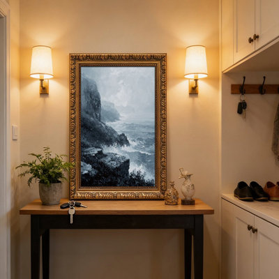 «Misty Coastal Cliff Seascape», peinture à l'huile, cadre mural rétro - cadre doré décoratif pour l'art.