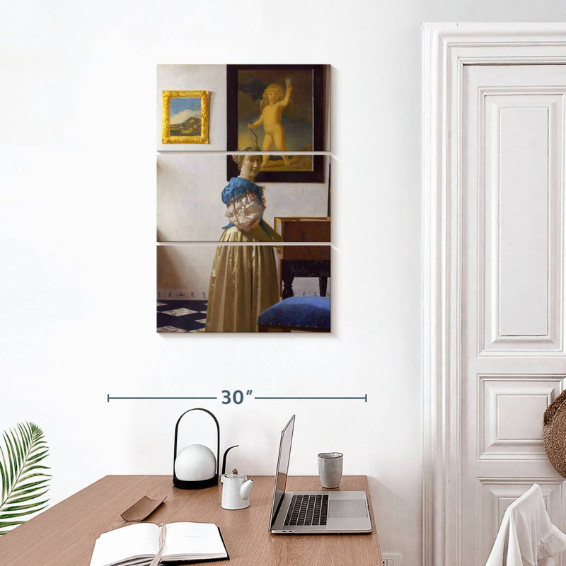 Dame Leisha debout devant un virginal 1670-1672, H 32 po x l 20 po