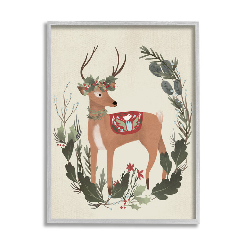 «Peaceful Deer Festive Holiday Leaf Border Collage», estampe numérique encadrée noire, art texturé par Laura Konyndyk